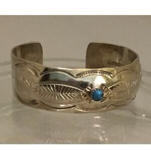 Vintage Signed T Navajo Etched Sterling Turquoise Cuff/Bracelet Native American